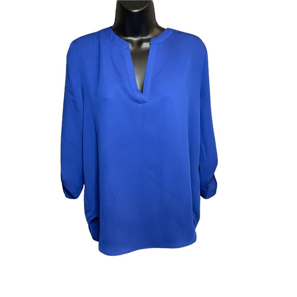 Everleigh Blue Tunic Tab Sleeves Collarless Blouse Sz XS